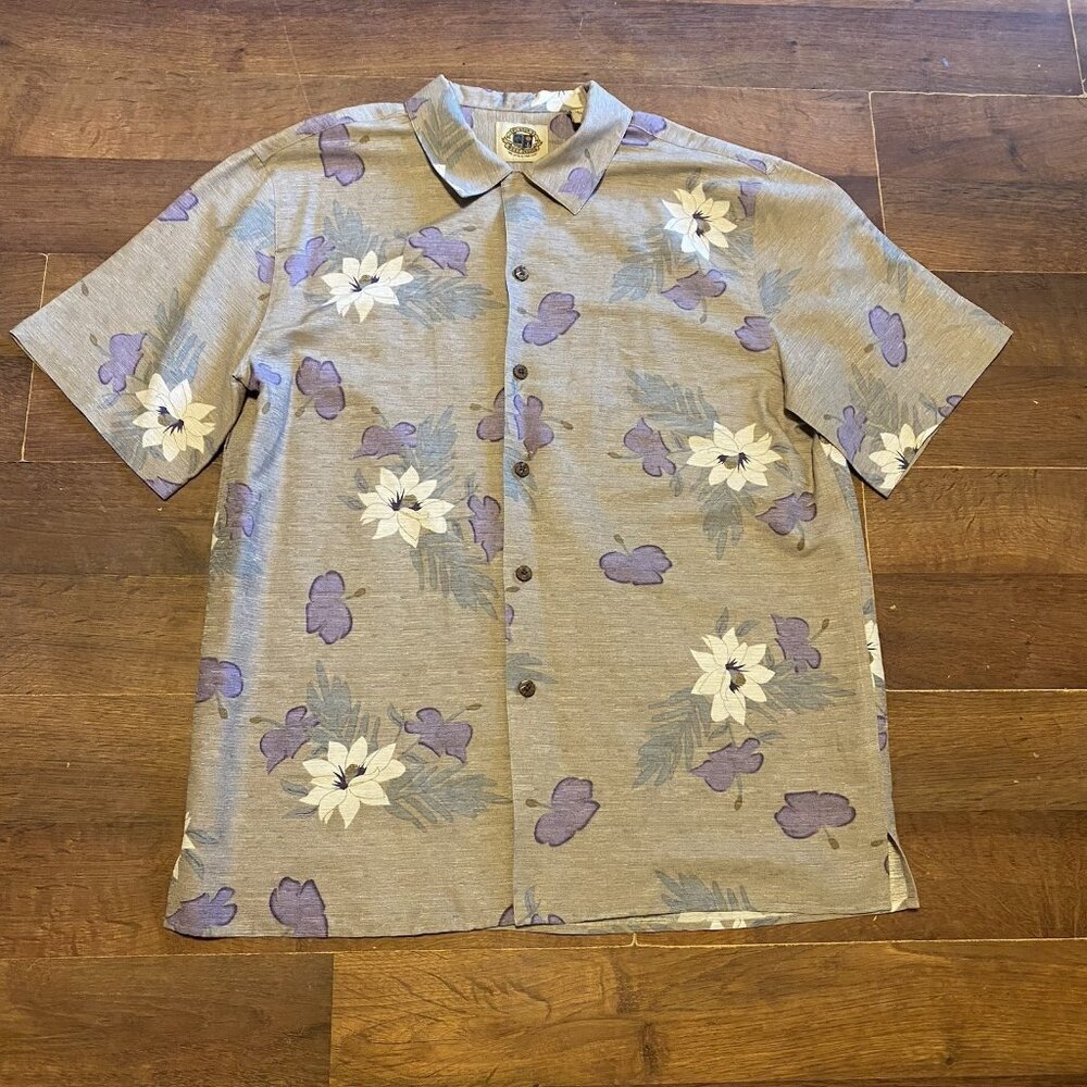 Pussers West Indies Purple Grey Silk‎ Floral BUTTON UP SHIRT M Beach